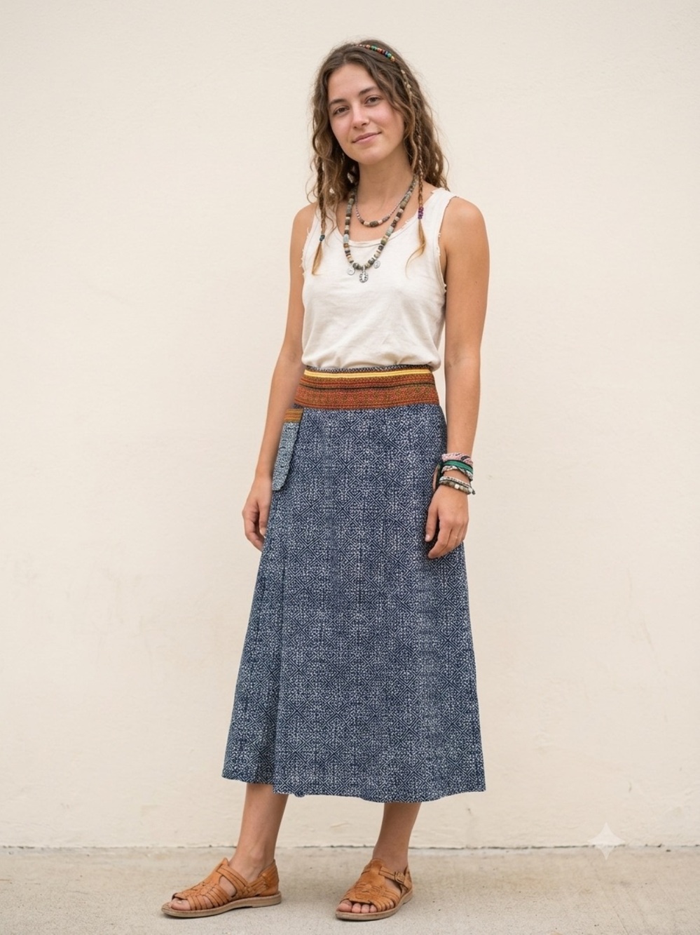 Boho Tribal Print Embroidery Ikat Inspired Midi Skirt Elastic Waist Small medium
